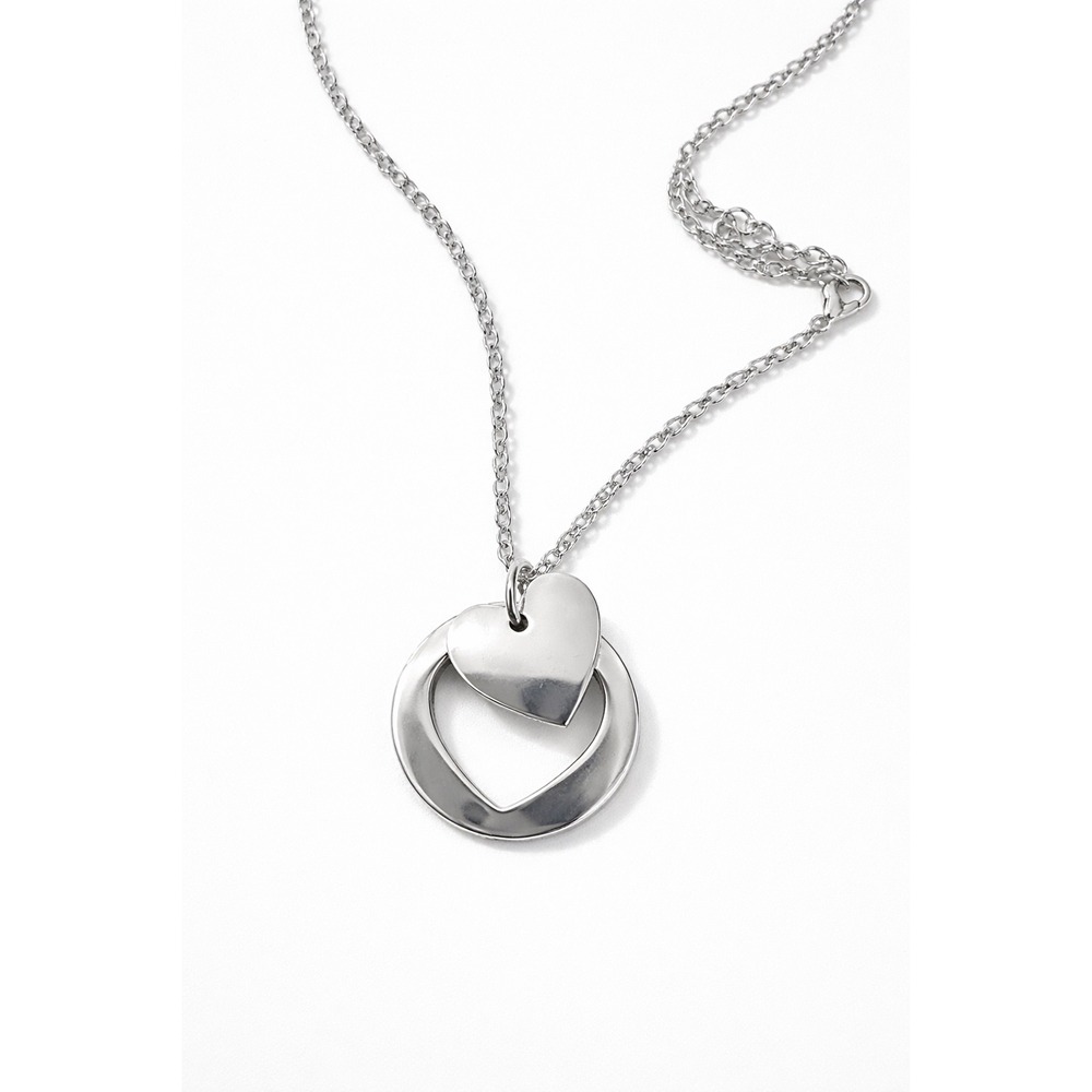 Silver Tone Heart Circle Pendant Necklace Women Delicate Dainty Chain Jewelry